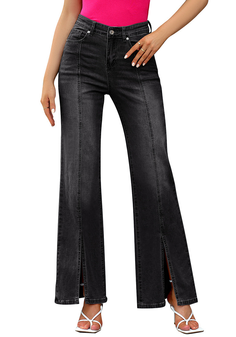 ComfiJean Women's High Waist Jeans with Front Seam Detail and Stylish Split Hem Flared Leg Jeans