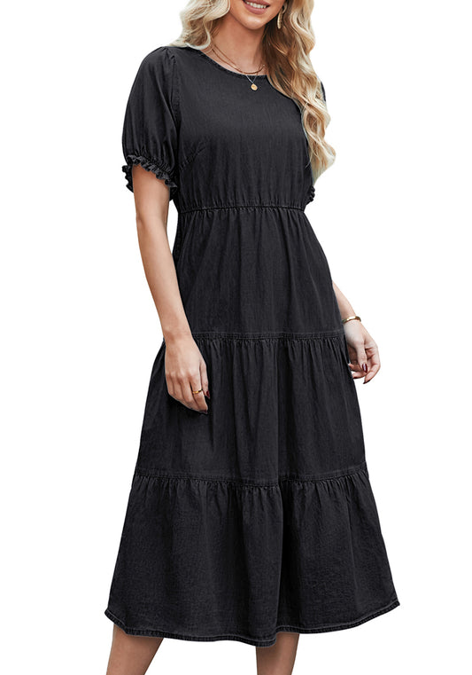 ComfiJean Vintage Inspired Denim Dresses for Women's Puff Shoulder Sleeves Adjustable Elastic Waist and Charming Tiered Layers