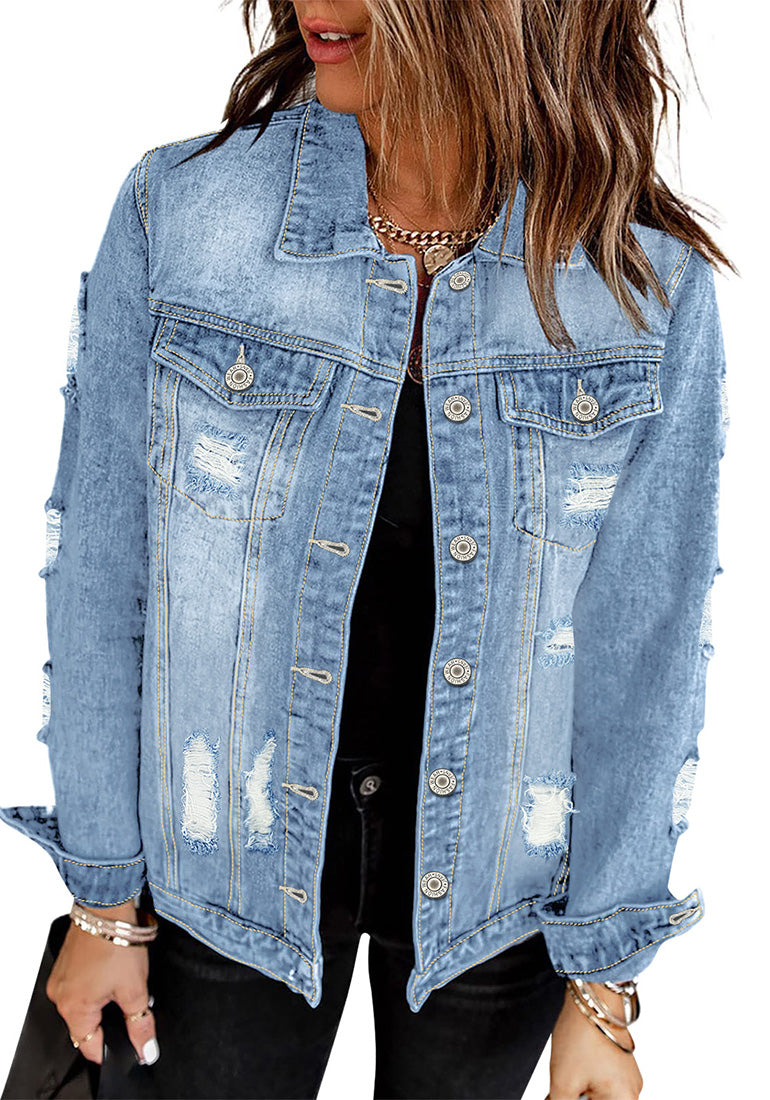 ComfiJean Cropped Denim Jacket for Women's Button Front Flap Chest Pockets and Buttoned Sleeve Cuffs Coats