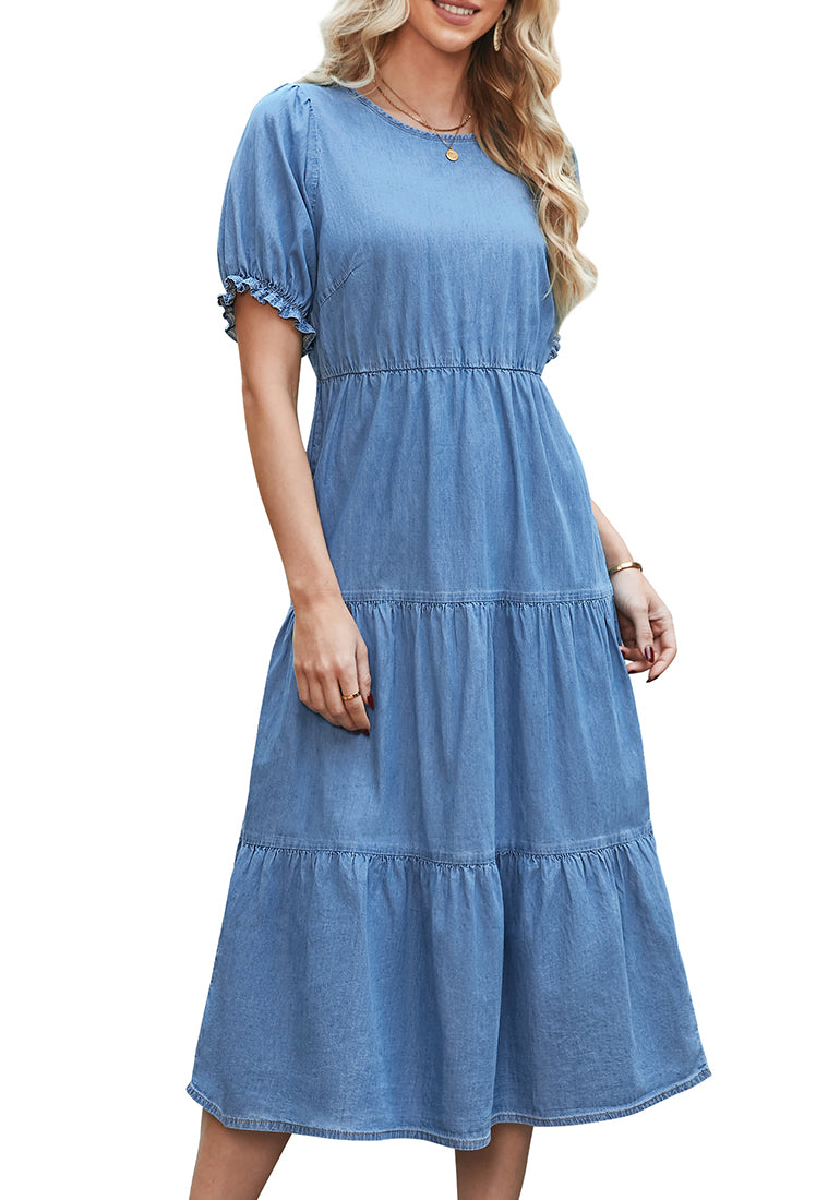 ComfiJean Vintage Inspired Denim Dresses for Women's Puff Shoulder Sleeves Adjustable Elastic Waist and Charming Tiered Layers