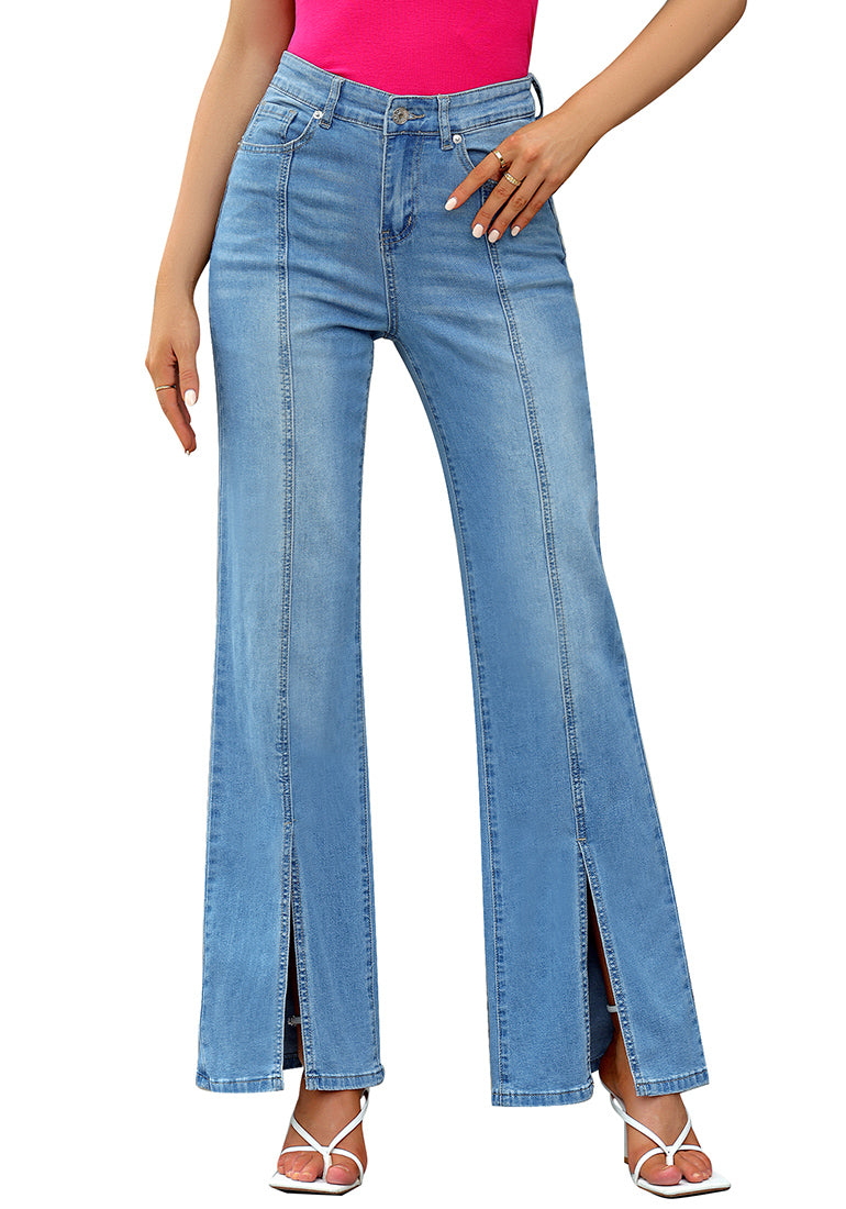 ComfiJean Women's High Waist Jeans with Front Seam Detail and Stylish Split Hem Flared Leg Jeans