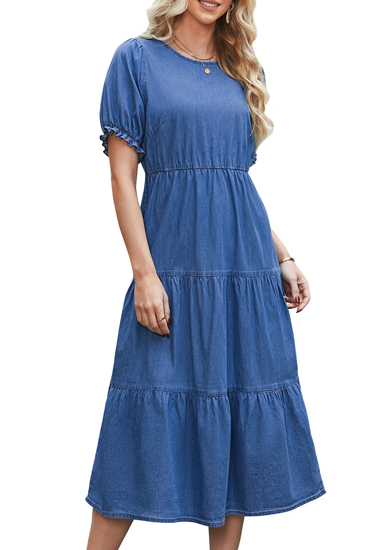 ComfiJean Vintage Inspired Denim Dresses for Women's Puff Shoulder Sleeves Adjustable Elastic Waist and Charming Tiered Layers