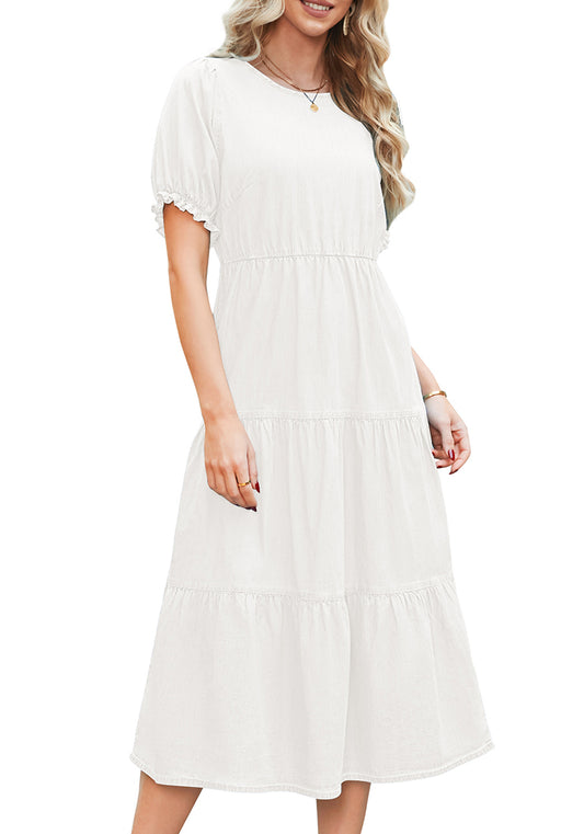 ComfiJean Vintage Inspired Denim Dresses for Women's Puff Shoulder Sleeves Adjustable Elastic Waist and Charming Tiered Layers