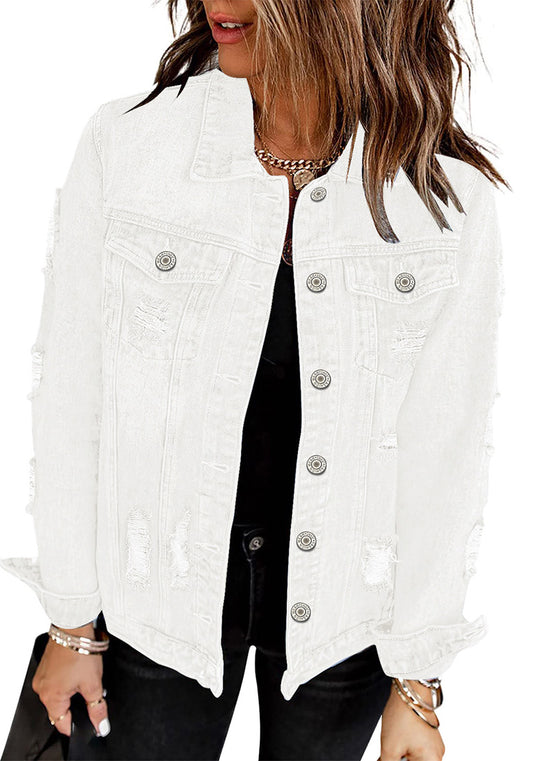 ComfiJean Cropped Denim Jacket for Women's Button Front  Flap Chest Pockets and Buttoned Sleeve Cuffs Coats