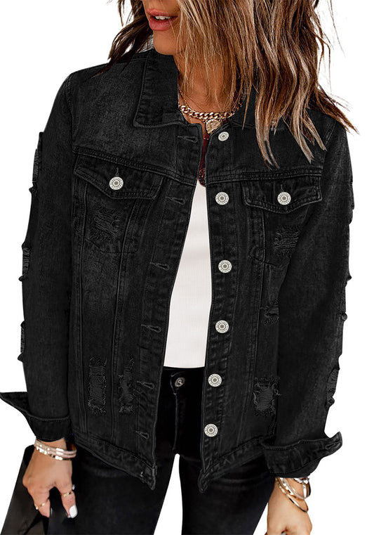 ComfiJean Cropped Denim Jacket for Women's Button Front  Flap Chest Pockets and Buttoned Sleeve Cuffs Coats