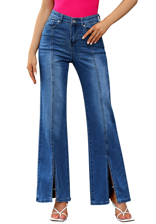 ComfiJean Women's High Waist Jeans with Front Seam Detail and Stylish Split Hem Flared Leg Jeans